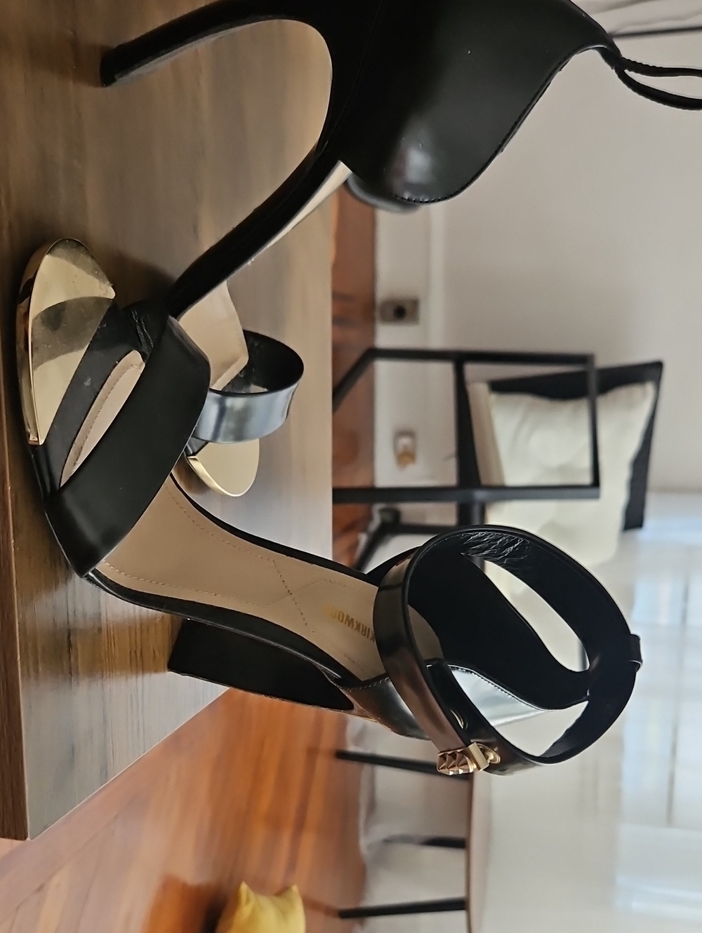 Nicholas Kirkwood Black High Heel Ankle-Strap Sandals with Gold Accent